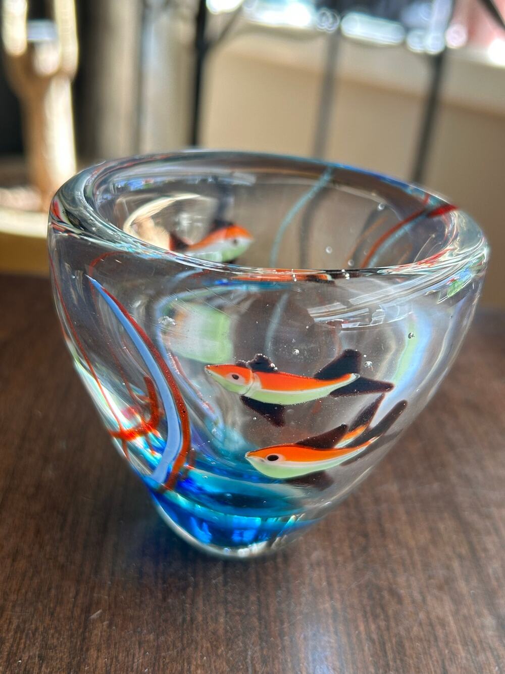 New Murano-style art glass aquarium bowl candle holder orange tropical fish